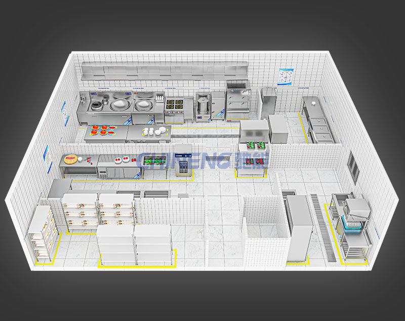 150-200School Canteen Kitchen 3D Rendering
