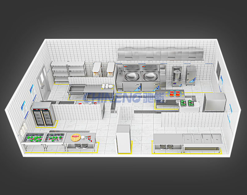 150-200School Canteen Kitchen 3D Rendering